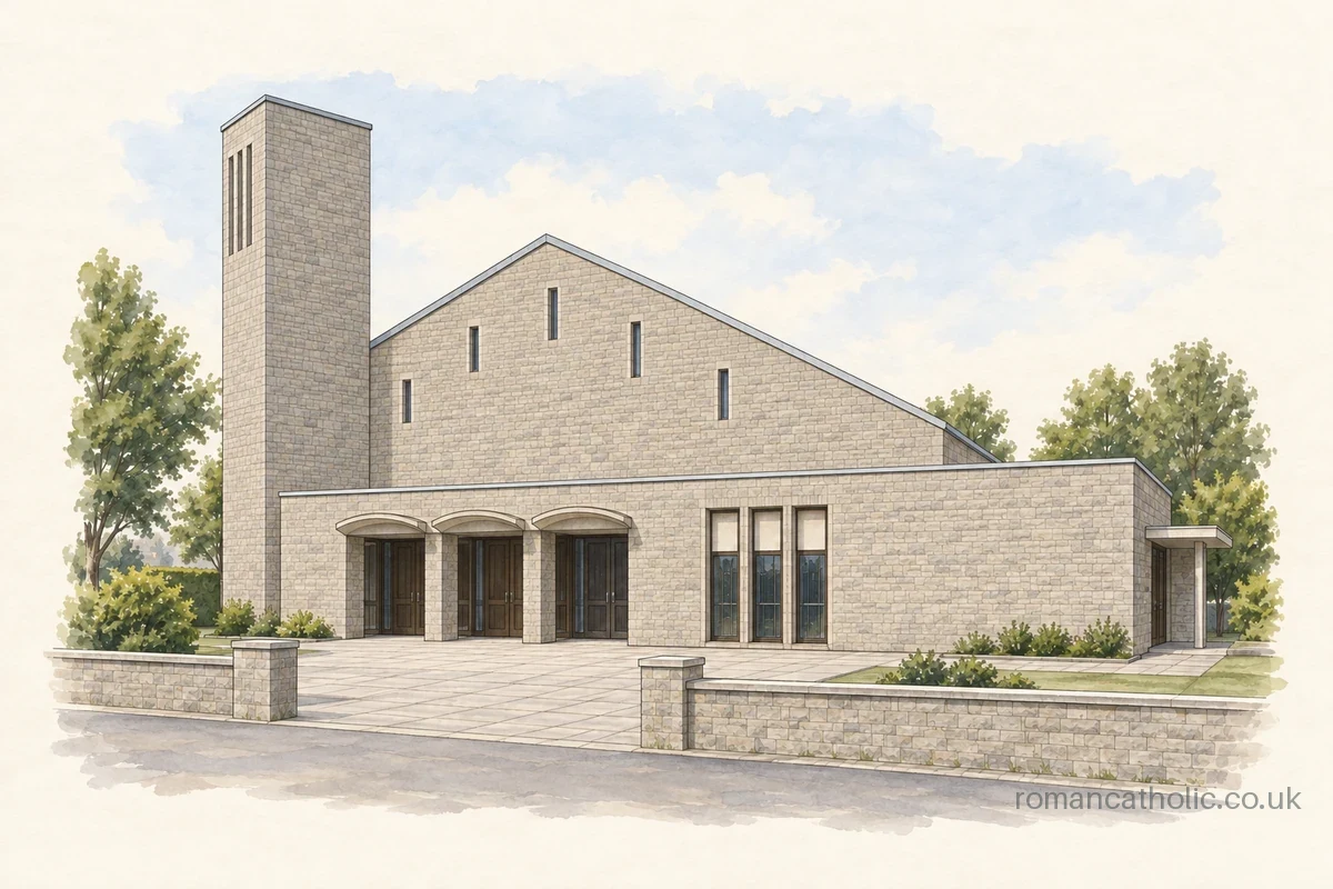 Illustration of St John the Baptist in Corstorphine, with pale masonry, a tall square tower and a low three-bay entrance frontage.
