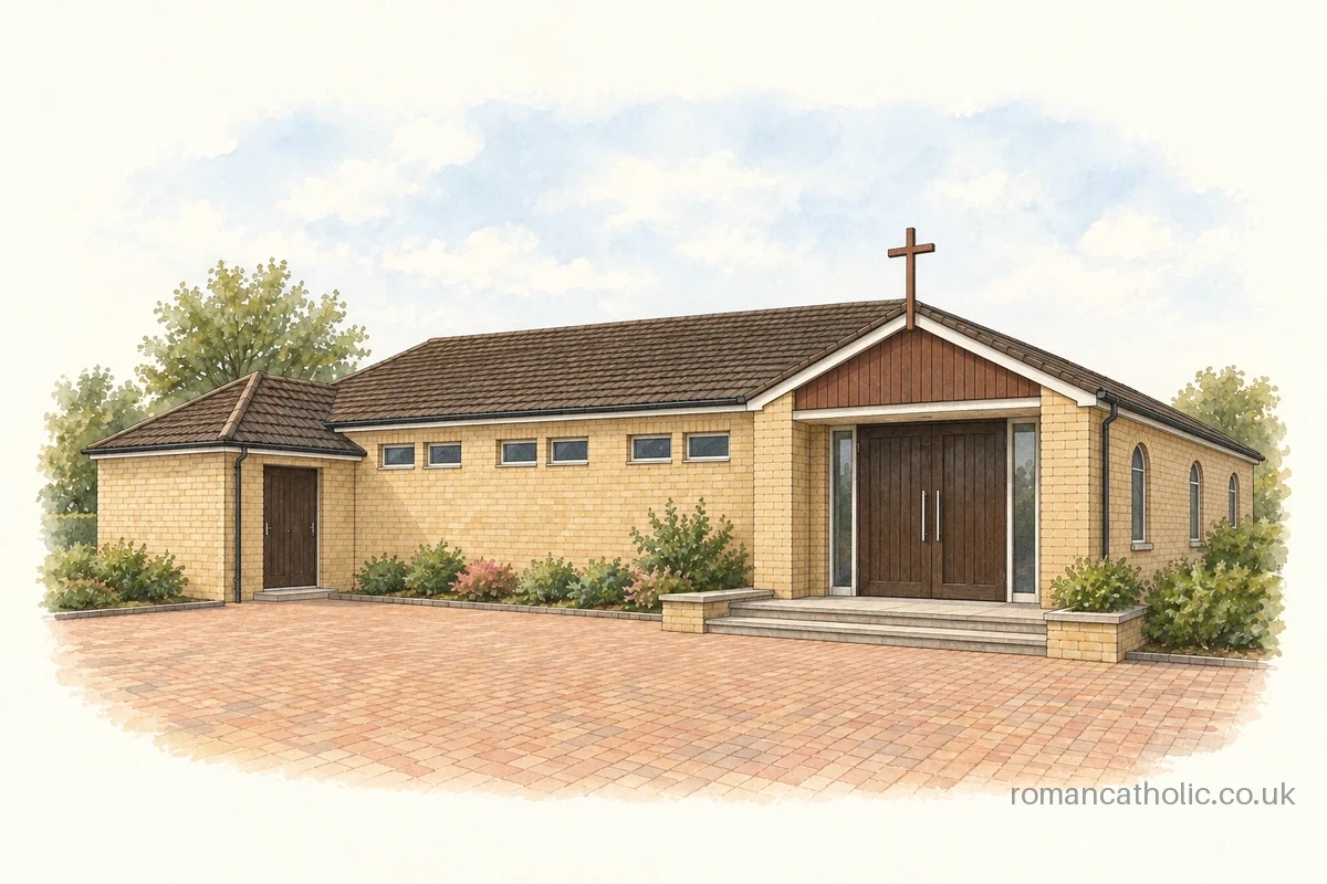 Low yellow-brick St John the Baptist church at Smiths Wood with a boarded entrance gable and simple cross.