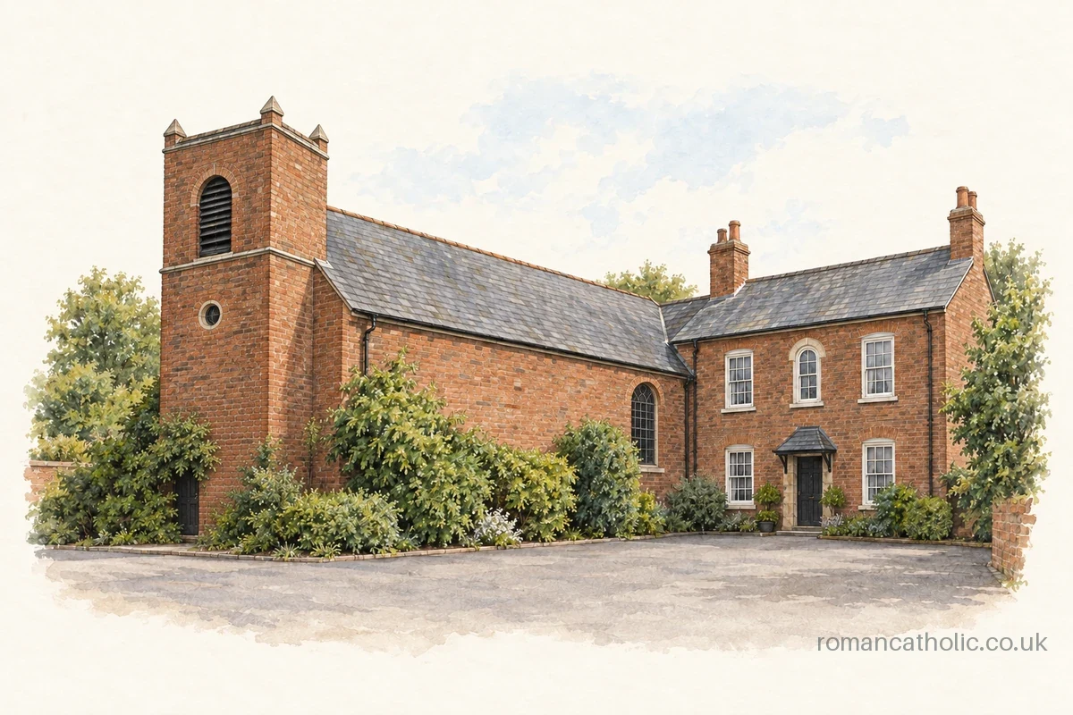 Red brick church with a small square bell tower attached to a domestic presbytery.