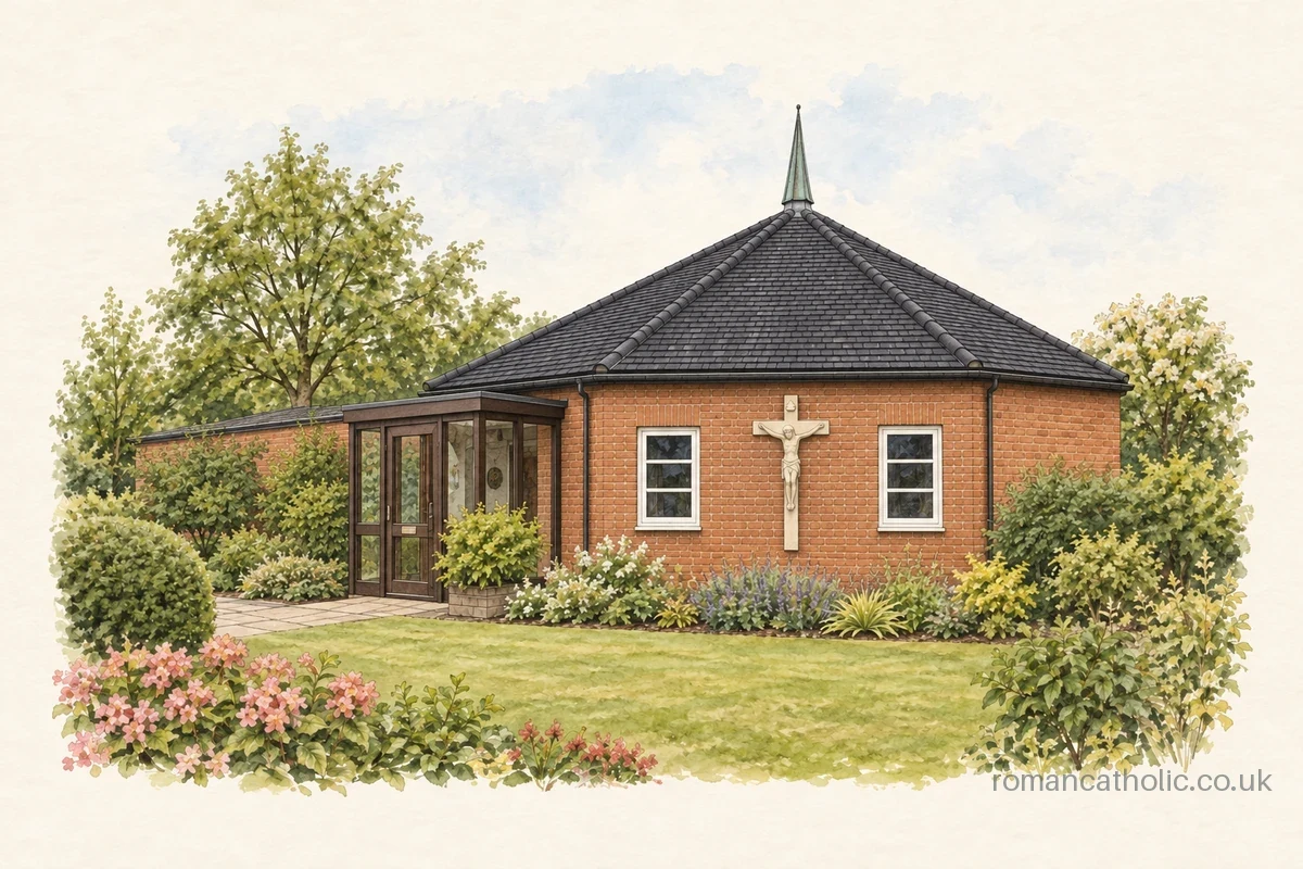 St John the Evangelist in Chesterton, with a low hipped roof and crucifix between rectangular windows.