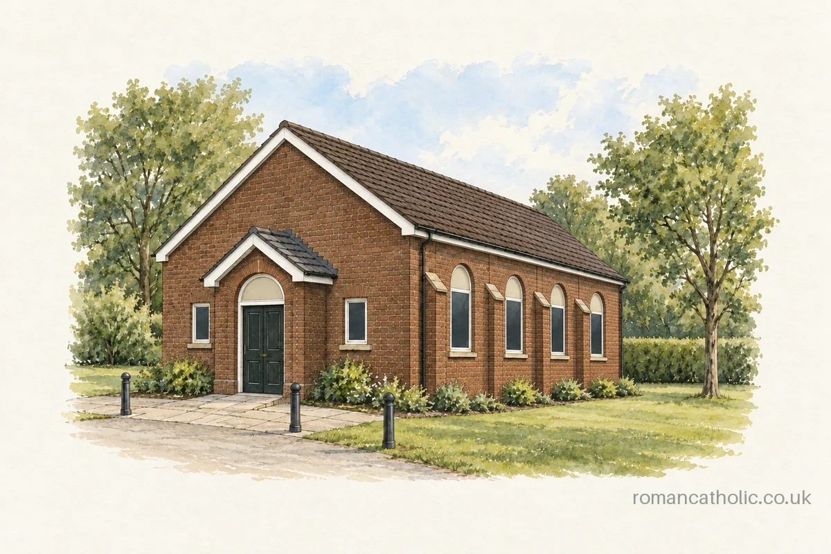 St John the Evangelist in Mildenhall, a small brick chapel beside open grass.