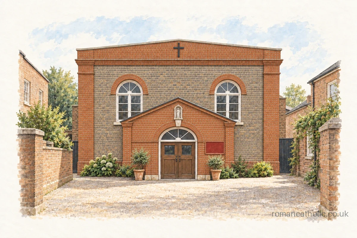 St John the Evangelist Wallingford, a compact brick chapel with arched windows and a projecting porch.