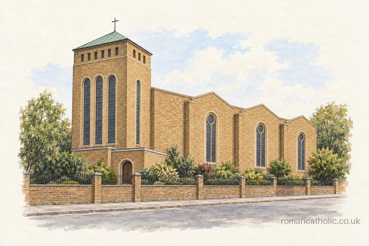 Brick church with a broad square tower under a green copper roof and three gabled nave bays.