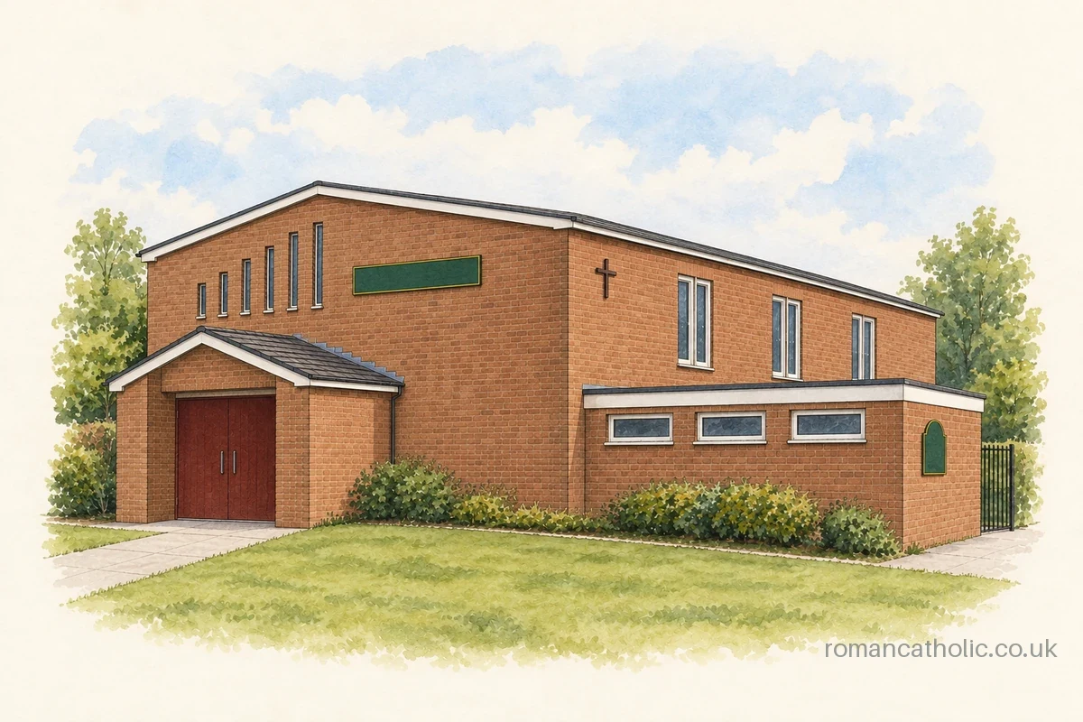 St John Vianney Coventry, a plain brick church-hall with narrow vertical windows.