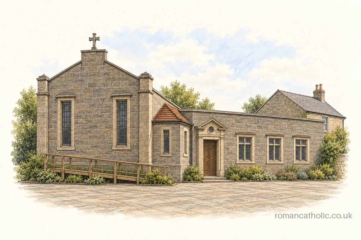 St John, Beaminster, with its shaped stone front and low adjoining range.