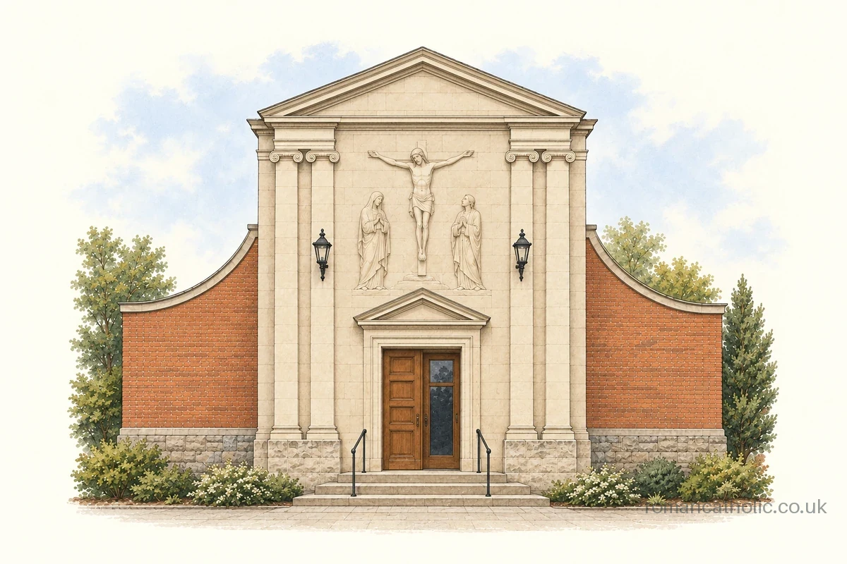 The classical stone front of St Joseph and the English Martyrs in Bishops Stortford.