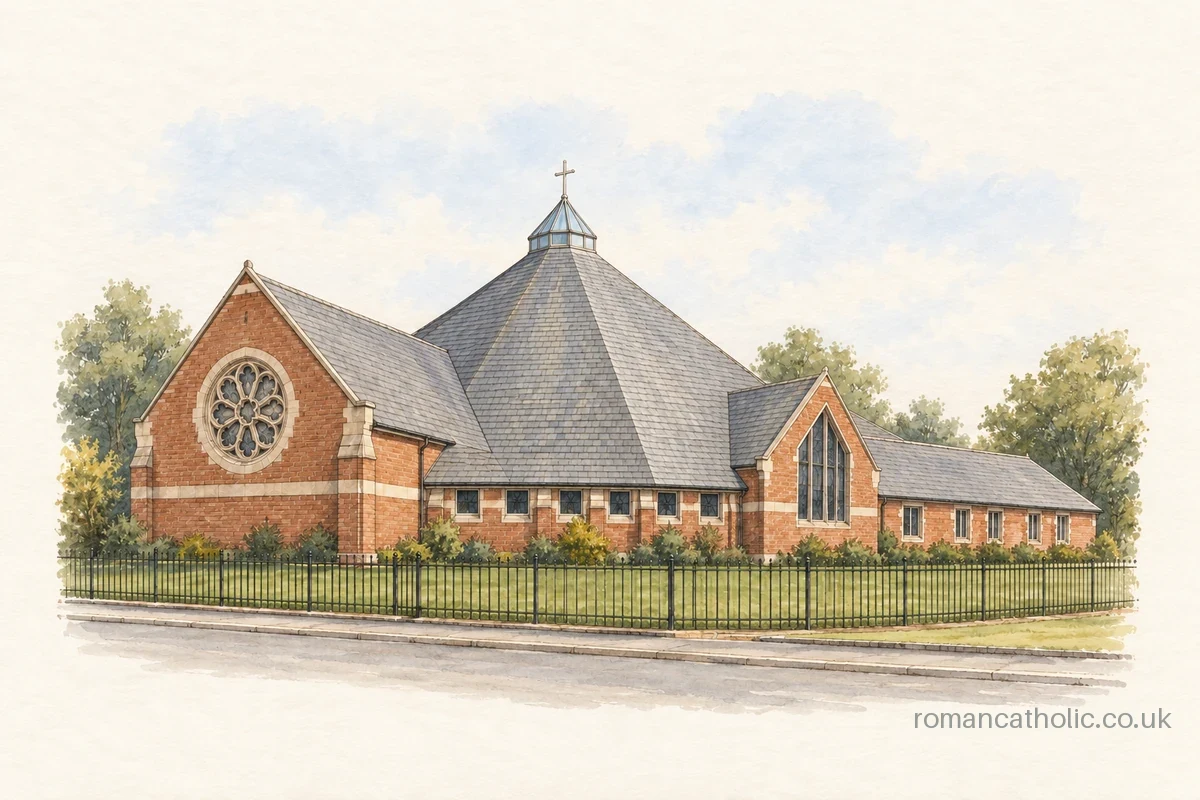 St Joseph in Burntwood, with a broad slate roof, small glazed lantern and circular tracery window.