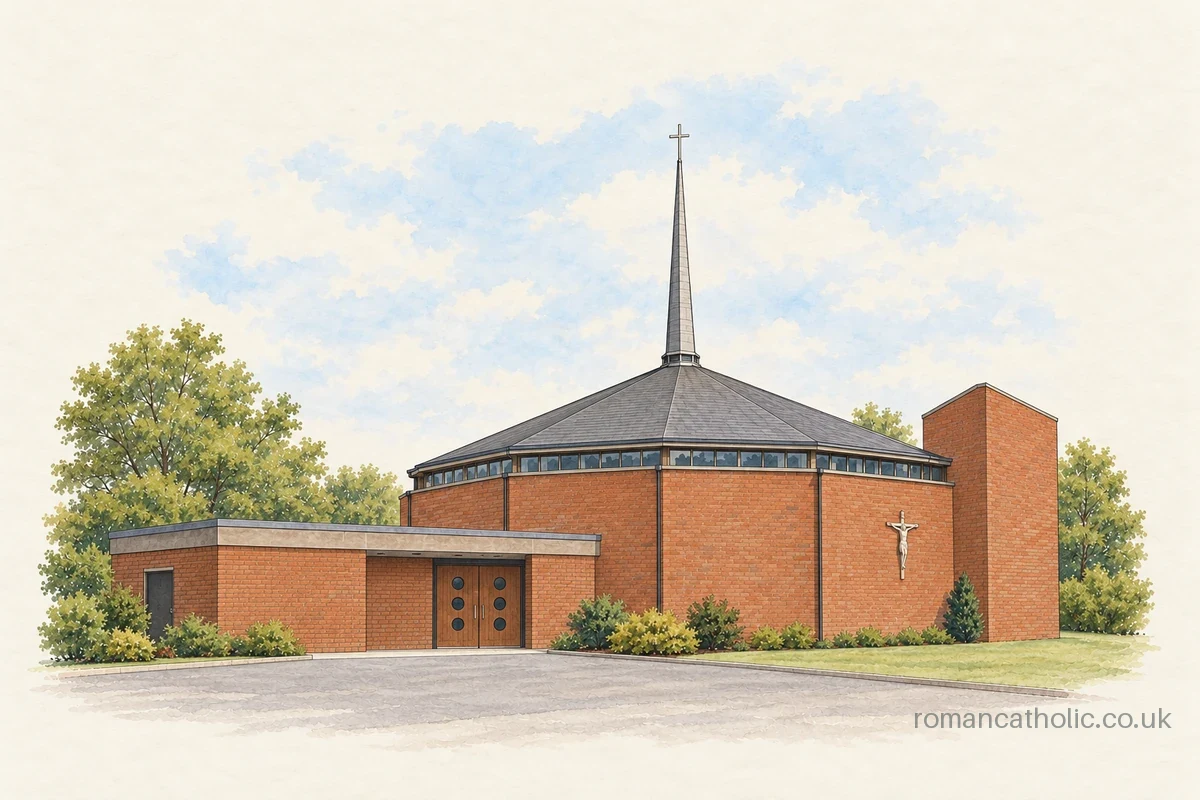 St Joseph Darlaston, a low polygonal brick church with a slender needle spire.