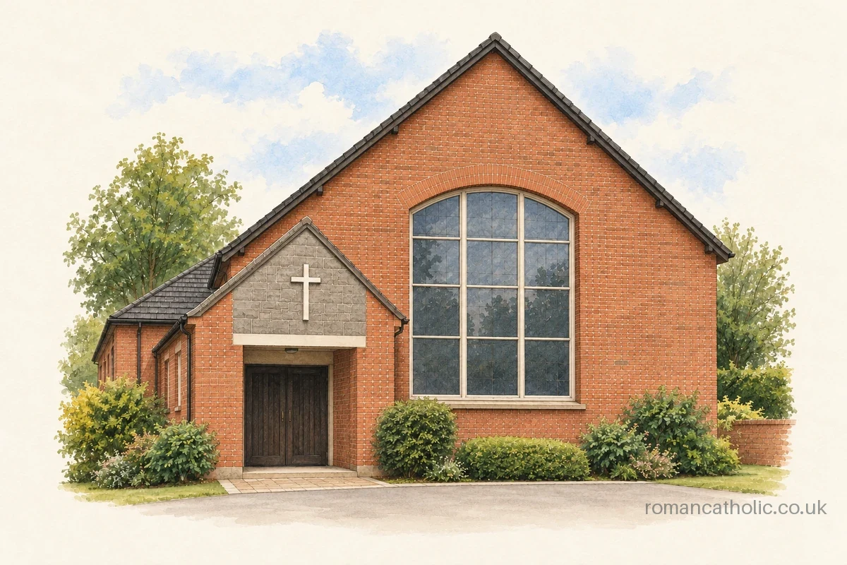 St Joseph in Dinnington, with a broad brick gable and a small cross-marked entrance porch.