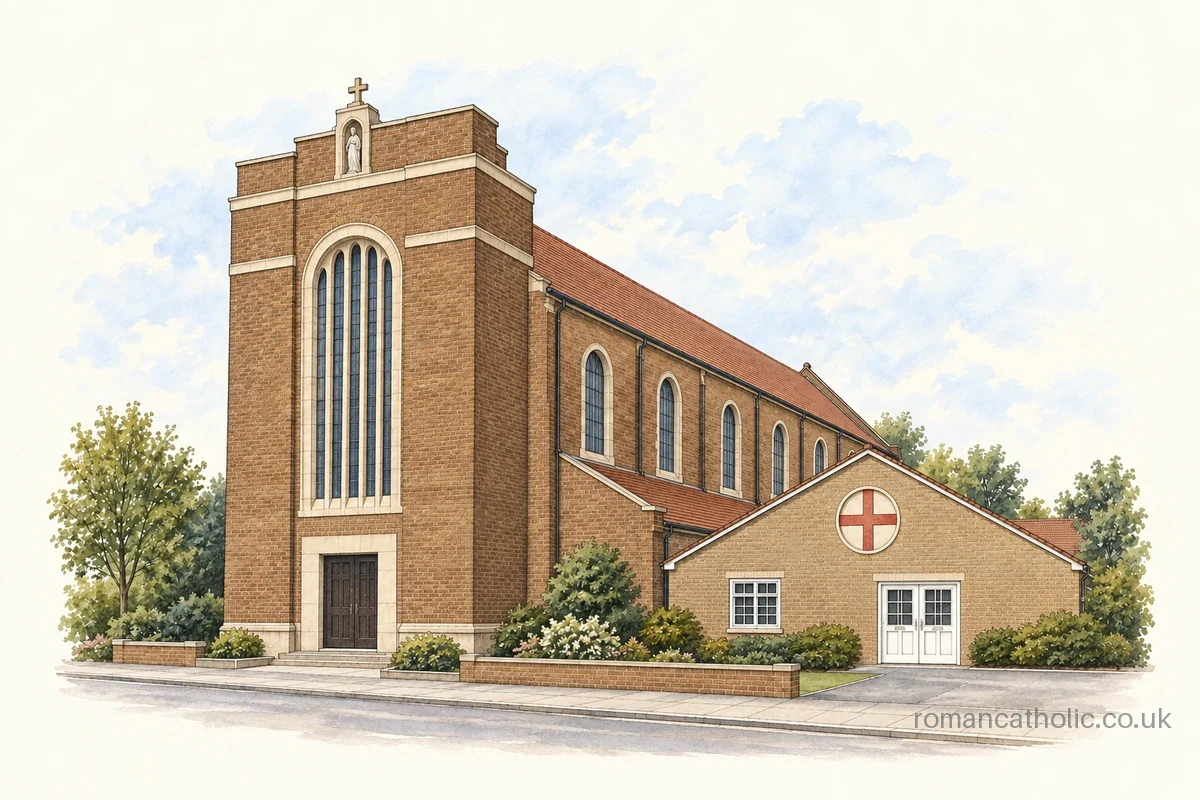 Illustration of St Joseph, Leyton, with a tall flat-topped brick frontage and arched window.