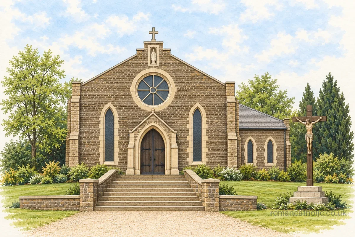 Illustration of St Joseph, Neath, with a shaped gable, round window, entrance steps and outdoor crucifix.