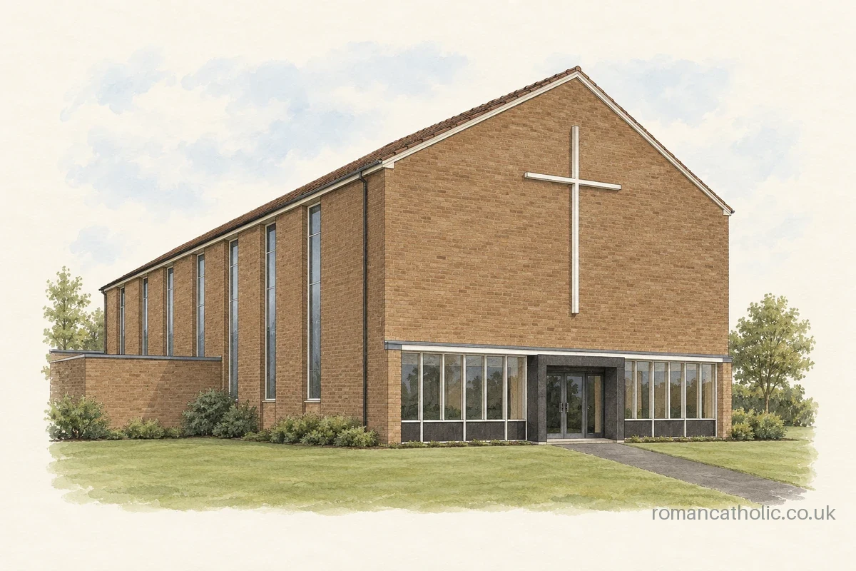 Plain brick gable and glazed entrance of St Joseph Polish church in Corby.
