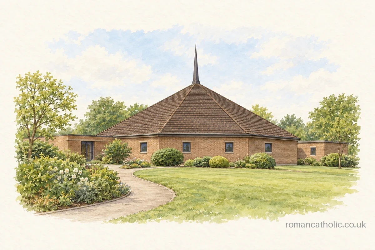 St Joseph the Worker Coventry, a low brick church beneath a pyramidal roof and small fleche.