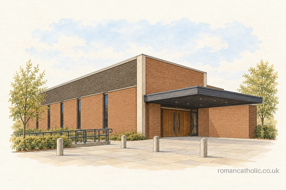 St Joseph the Worker in Hutton, an angular brick church with a broad entrance canopy.