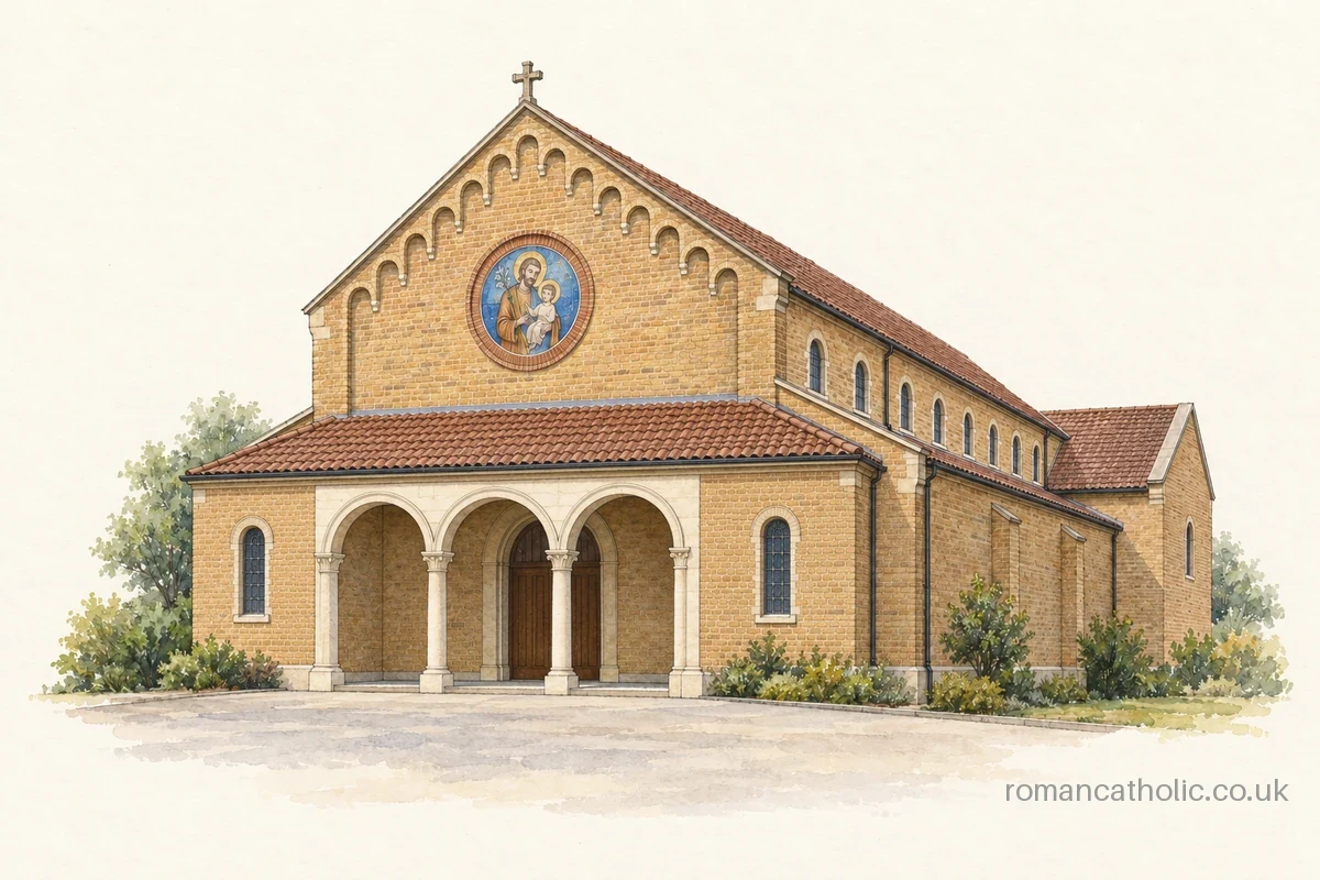 Watercolour and ink illustration of St Joseph the Worker in Luton, with warm brickwork, an arched entrance loggia and a circular devotional panel.