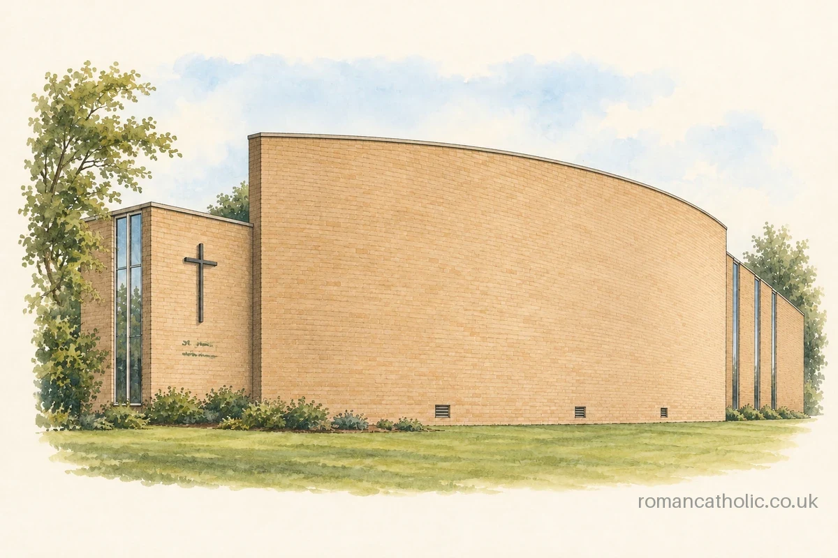 St Joseph Whitnash, a modern church with tall sweeping buff-brick walls.