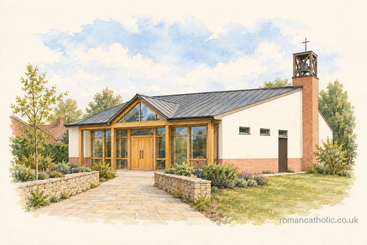 Illustration of Saint Joseph in Burntisland, with a timber-glazed entrance, pale walls and a small open bell frame.