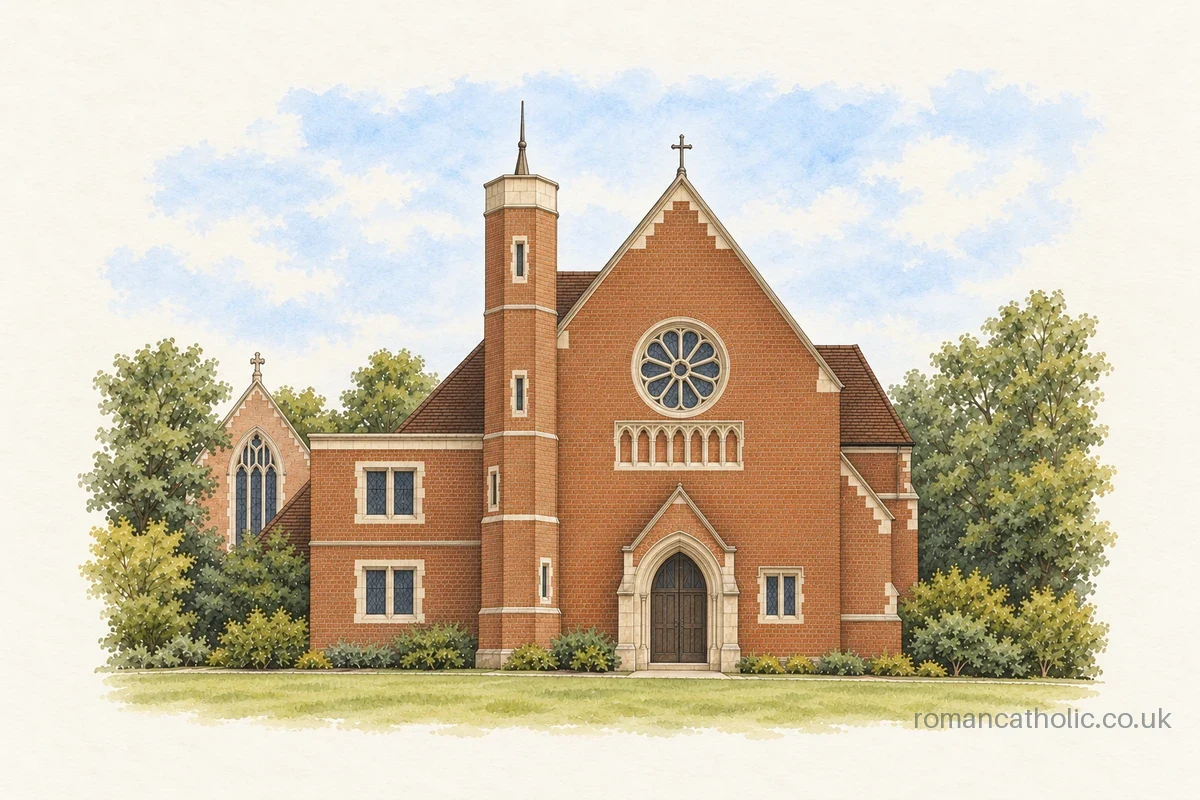 Watercolour and ink illustration of St Joseph at Gerrards Cross, with a broad brick gable, rose window and slender octagonal turret.