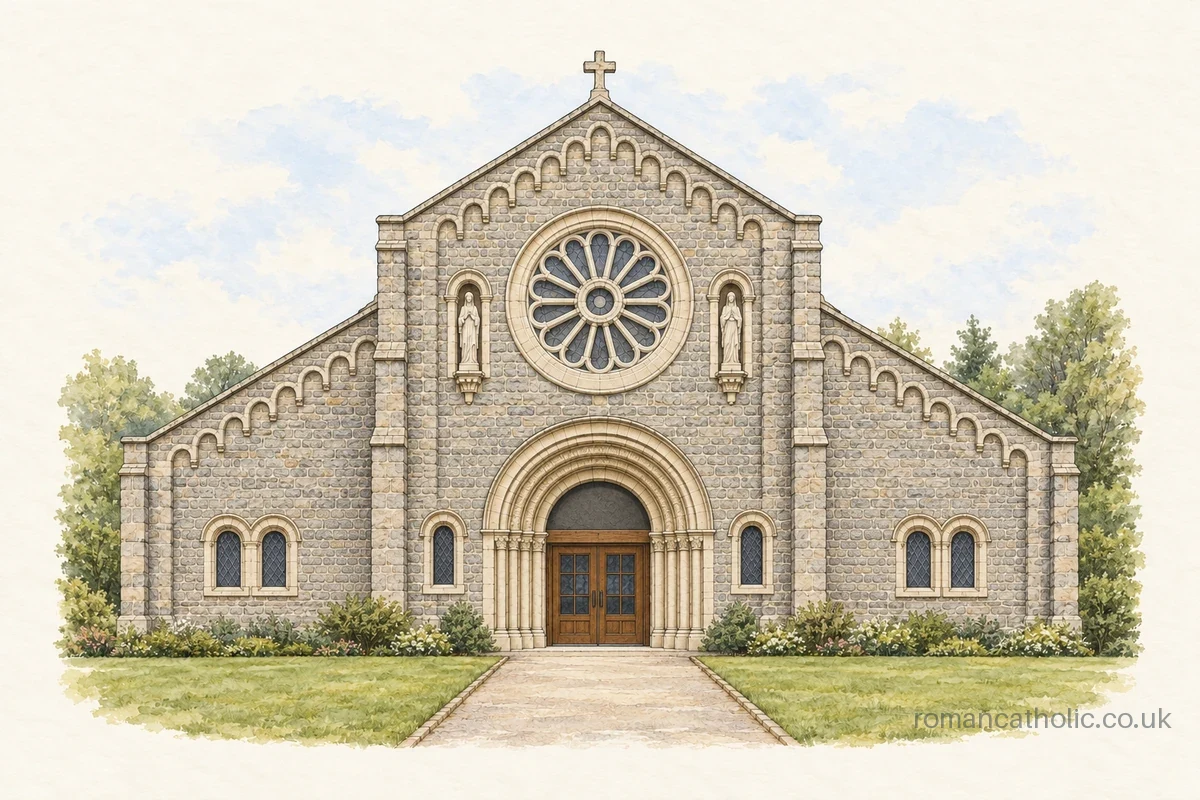 Illustration of St Joseph, Millfield, with a rose window, statue niches and Romanesque entrance.