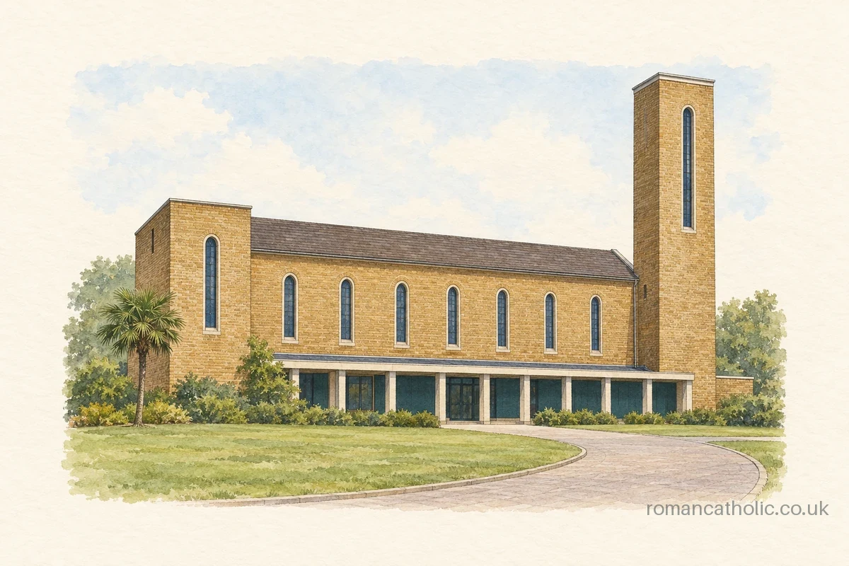 St Joseph in South Oxhey, with a slender square tower and long brick nave.