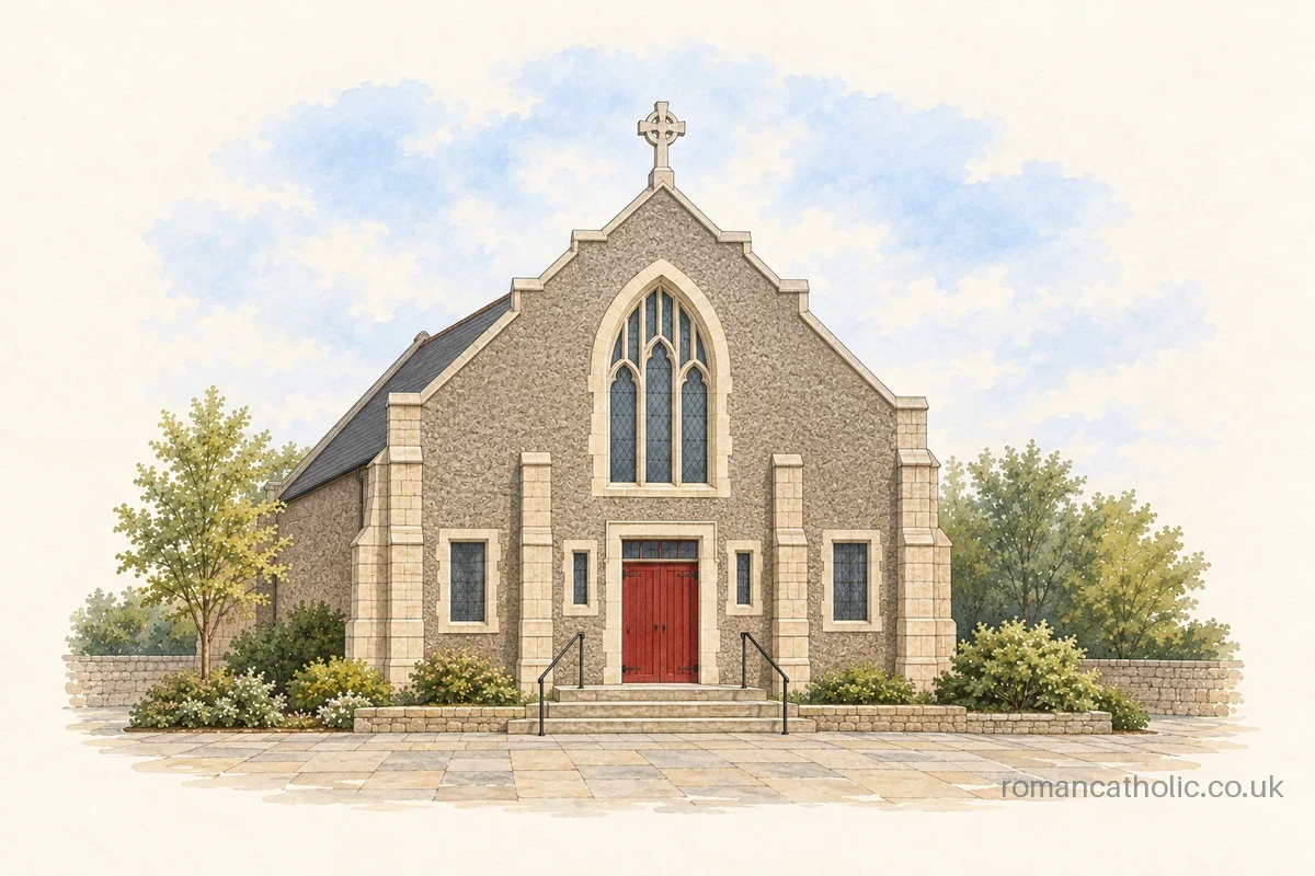 Illustration of St Margaret in South Queensferry, with a stepped Gothic gable, tall traceried window, pale stone buttresses and red entrance doors.