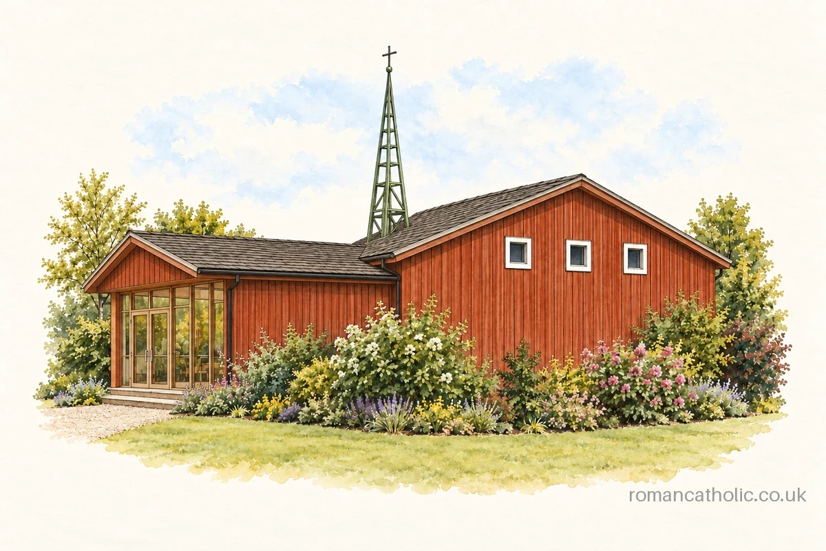 St Martin de Porres, Cuffley, with red timber cladding and a small metal spire.