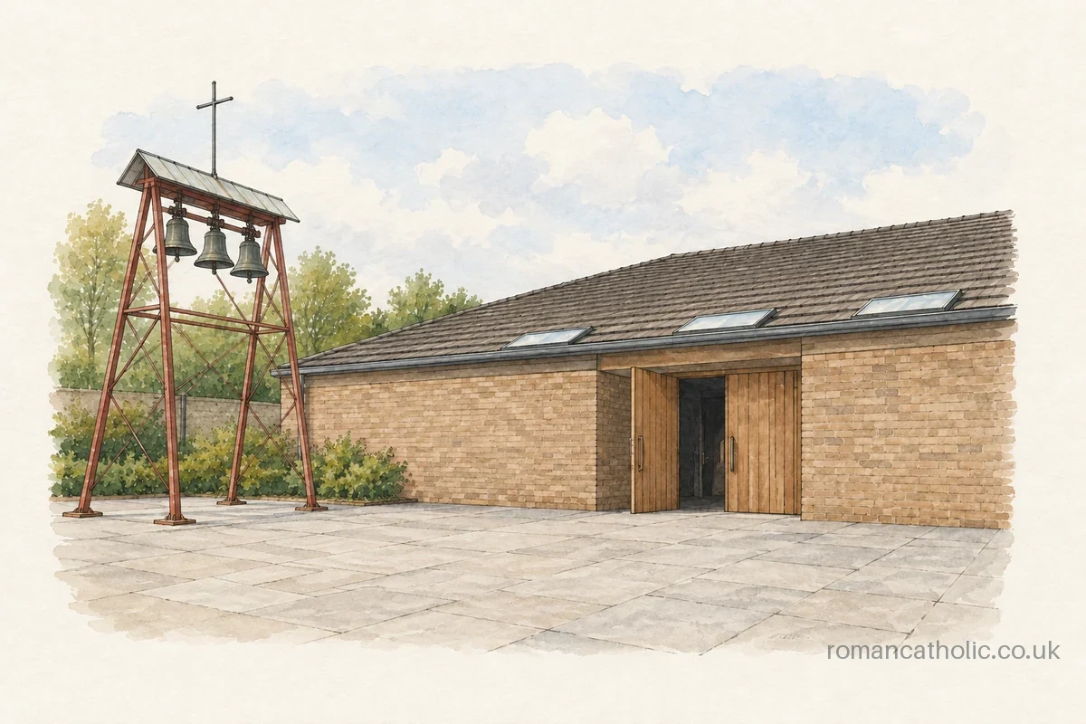 Illustration of the entrance and open red bell frame at St Mary and St Ethelburga, Barking.