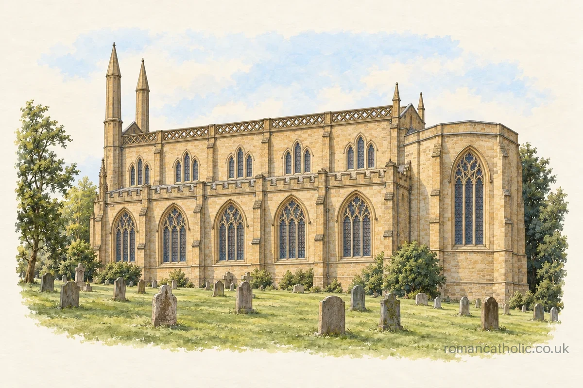 Ornate stone Gothic church with tall west pinnacles and traceried windows above a grassy graveyard.
