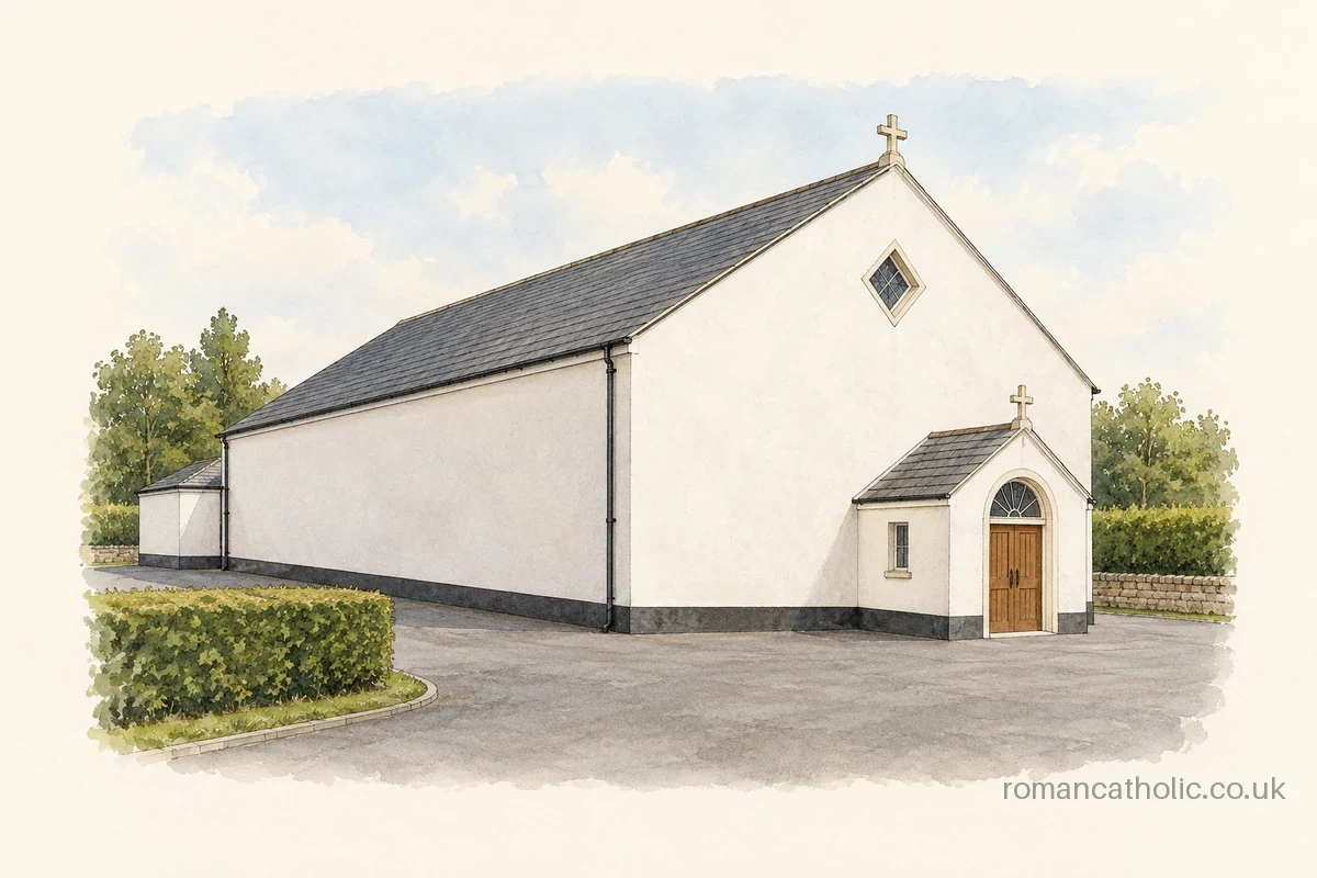 White rendered chapel with a tiny entrance porch and diamond window high in its plain gable.