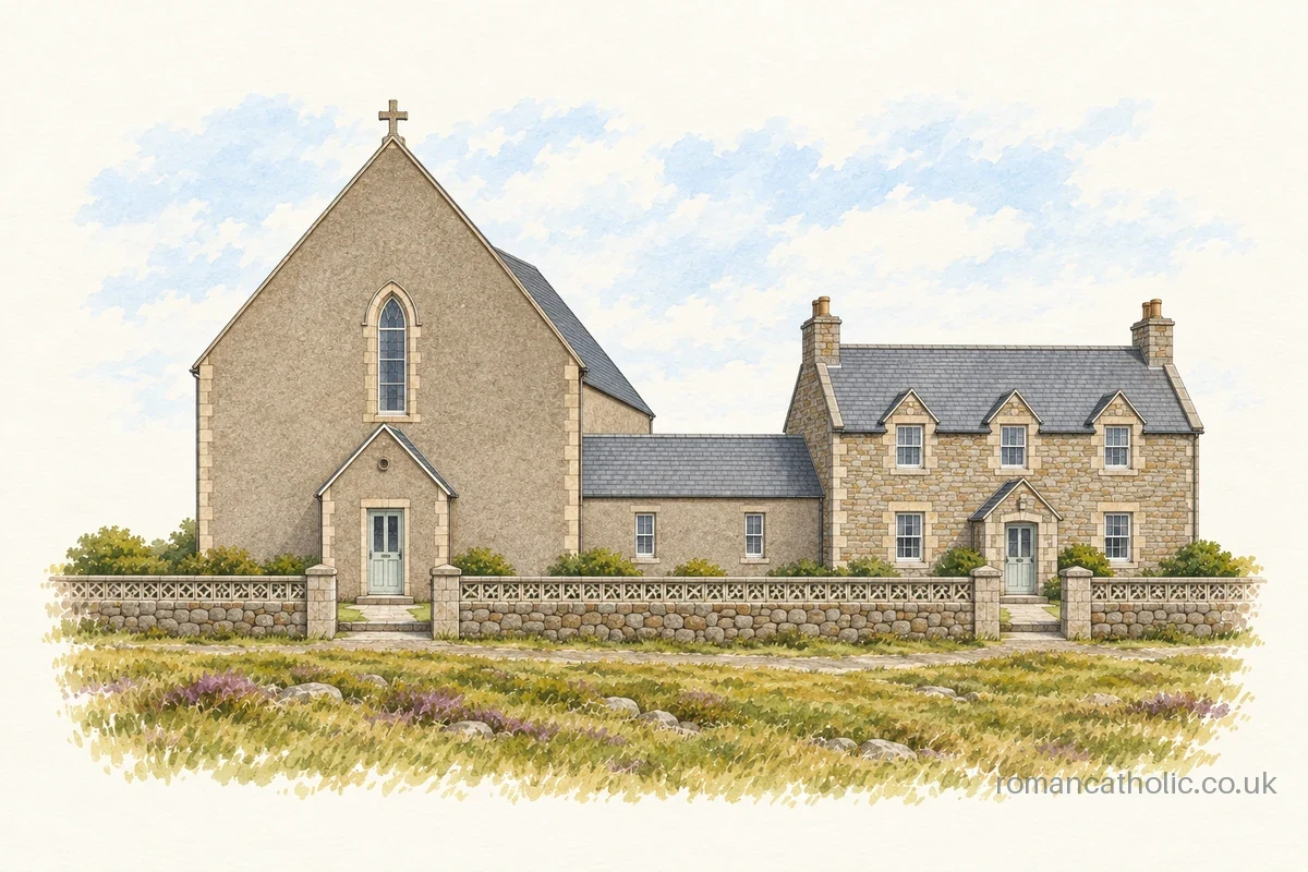 Illustration of St Mary, Benbecula, with a plain gabled church and adjoining stone house.