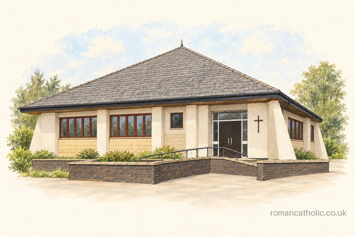 Illustration of St Mary, Caldercruix, with a broad pyramidal tiled roof and low pale walls.