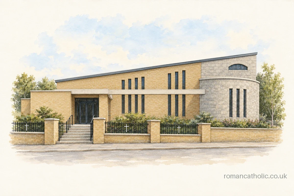Illustration of St Mary, Chepstow, with warm brick walls, narrow windows and a curved stone sanctuary.