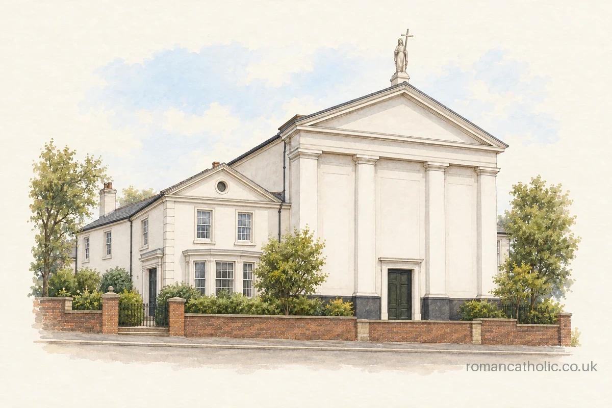 St Mary the Mount Walsall, a white classical church with an attached presbytery.