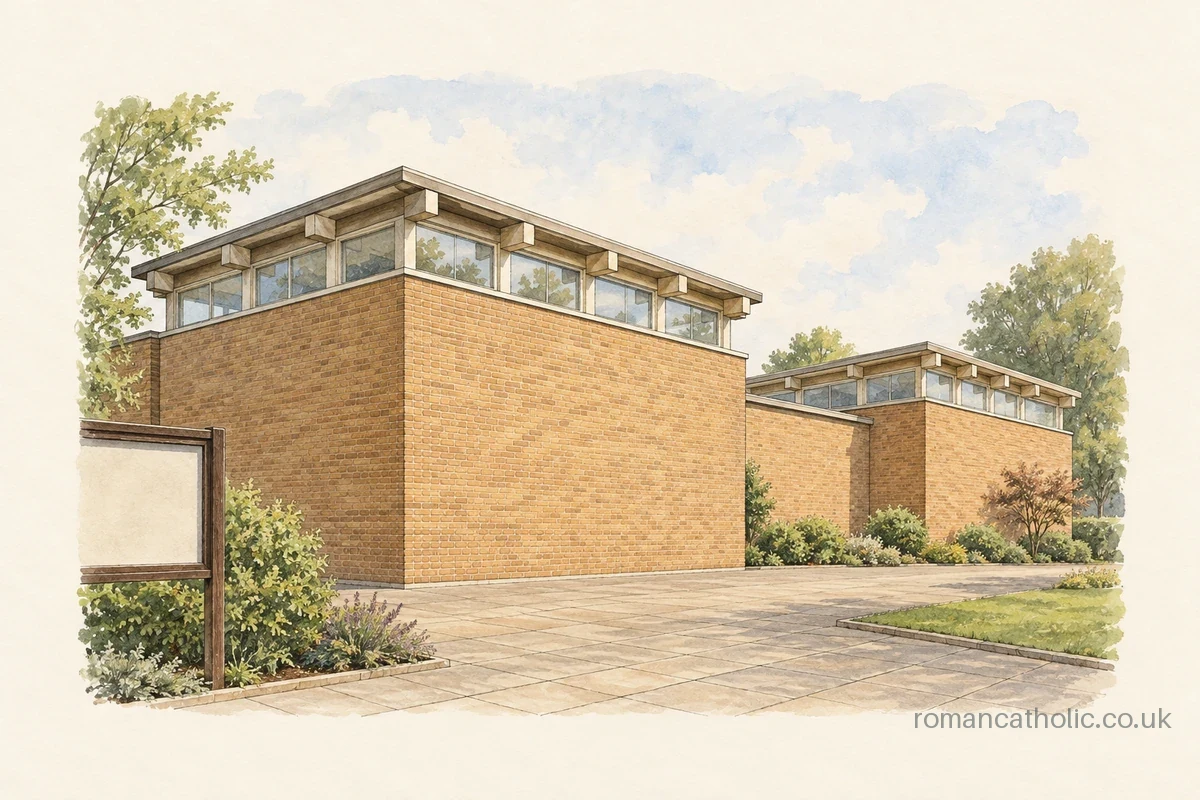 Illustration of St Mary, Cullercoats, with warm brick blocks and a band of clerestory glazing beneath projecting roof beams.