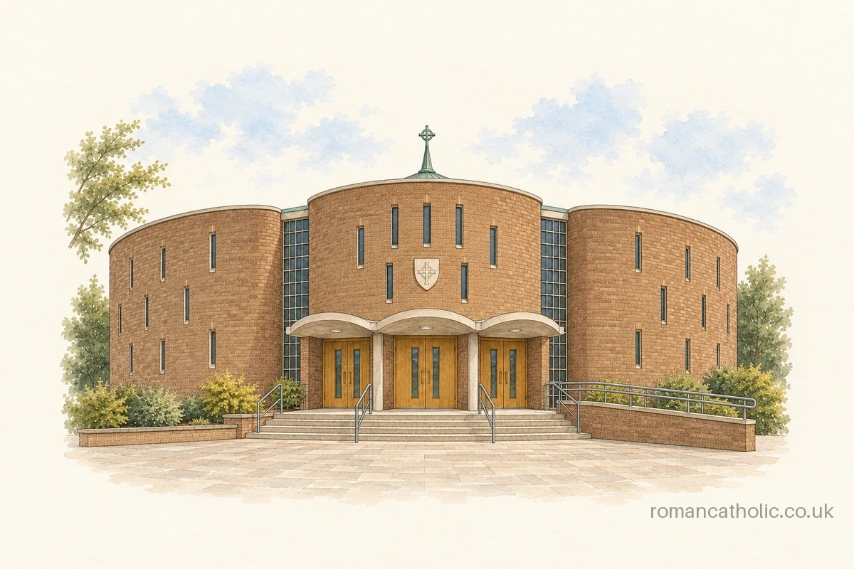 Watercolour and ink illustration of St Mary's Catholic Church in Dunstable, with curved brick bays, slit windows and a three-lobed entrance canopy.