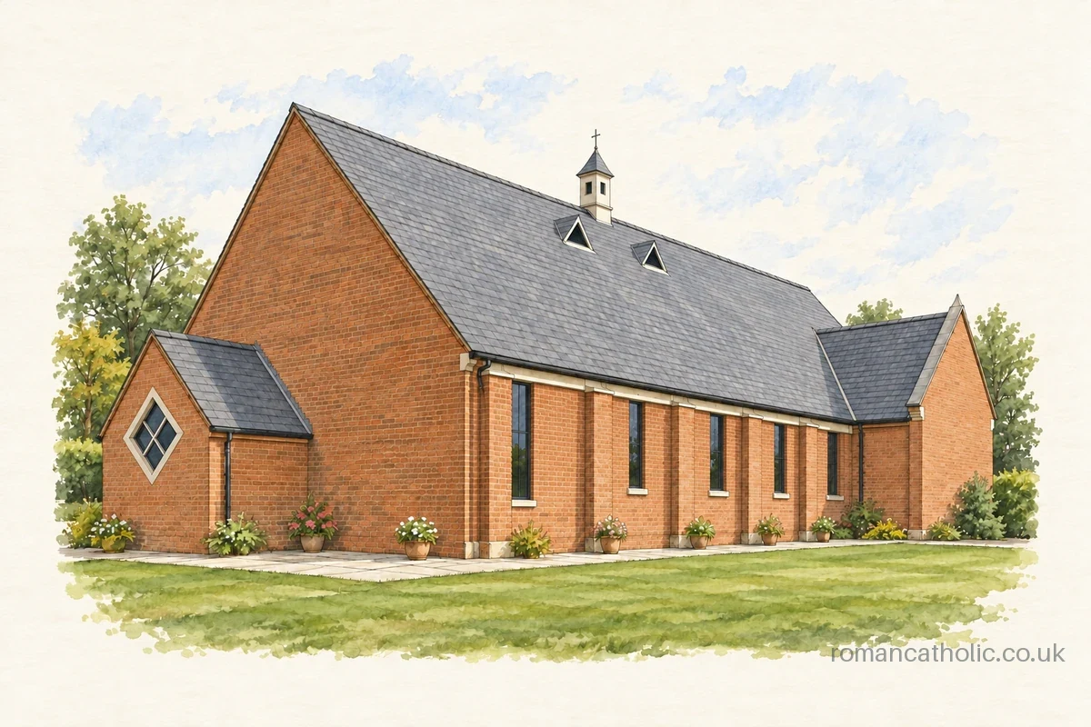 St Mary in Edlington, a modern brick church with steep slate roofs and a diamond window.