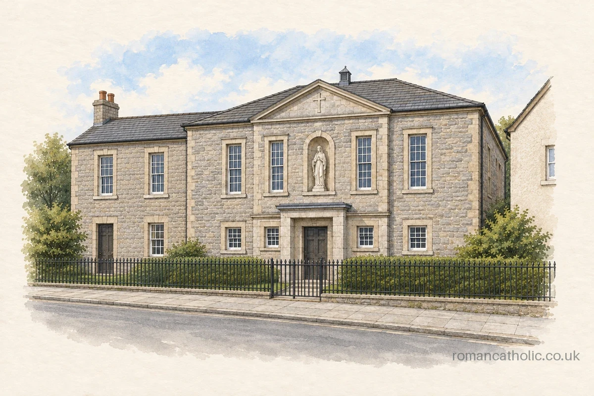 Domestic-looking stone church with central pediment and statue niche on Bond End.