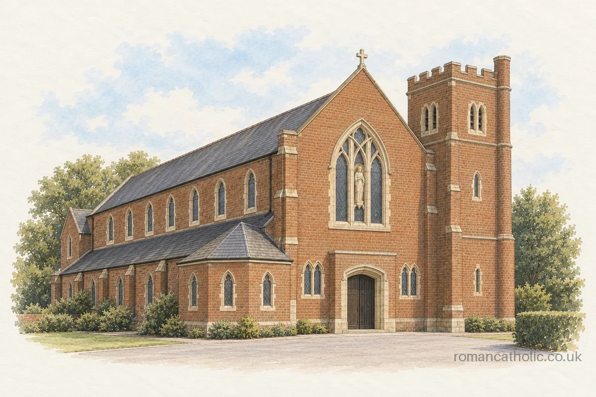 Illustration of St Mary Mother of God, Hornchurch, with its Gothic frontage and battlemented tower.