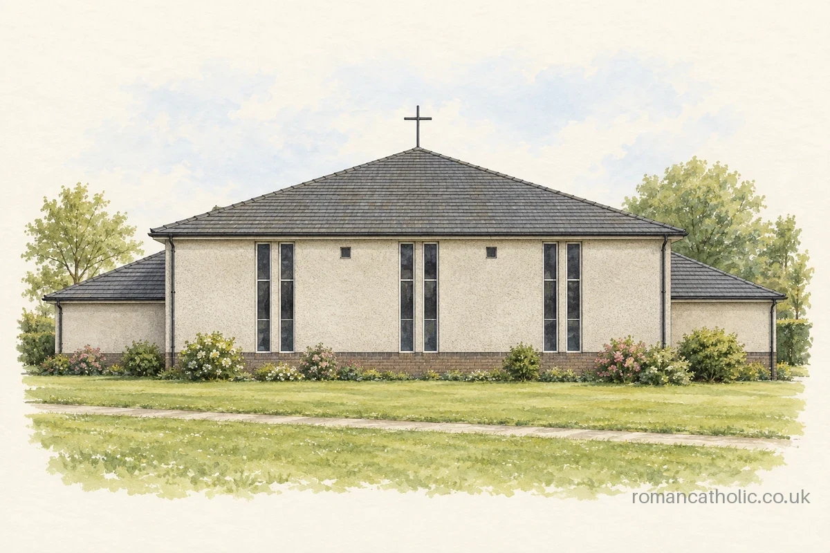 Illustration of Saint Mary of the Assumption in Boness, with a broad hipped roof, simple cross and paired vertical windows beside a garden.