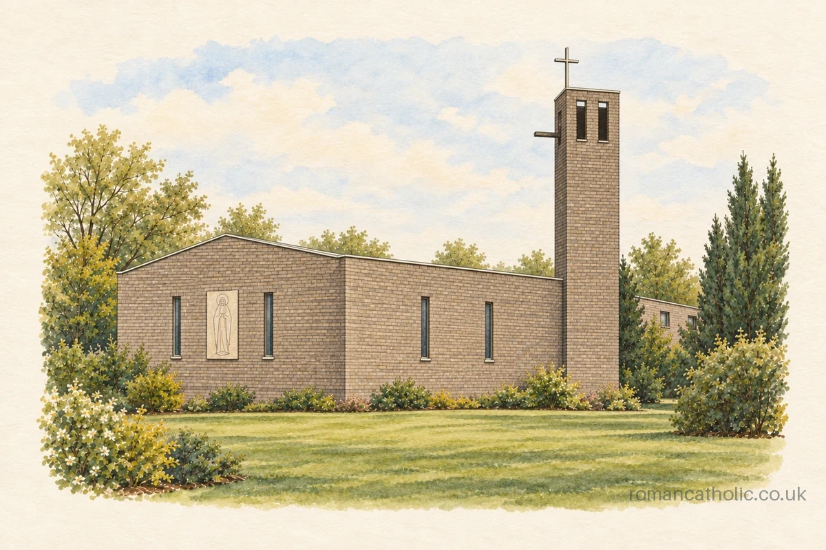 Illustration of St Mary of the Crays, Crayford, viewed from the lawn beside its slender bell tower.