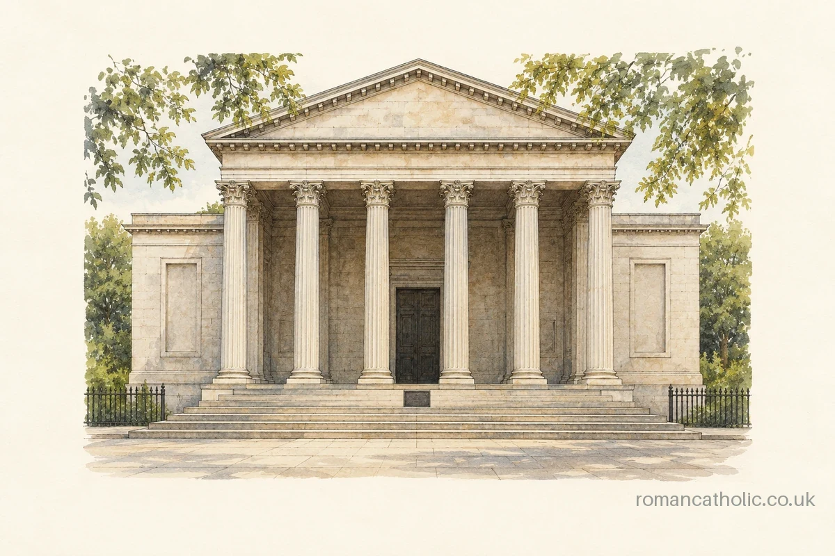 Six-column classical portico of St Mary-on-the-Quay in Bristol.