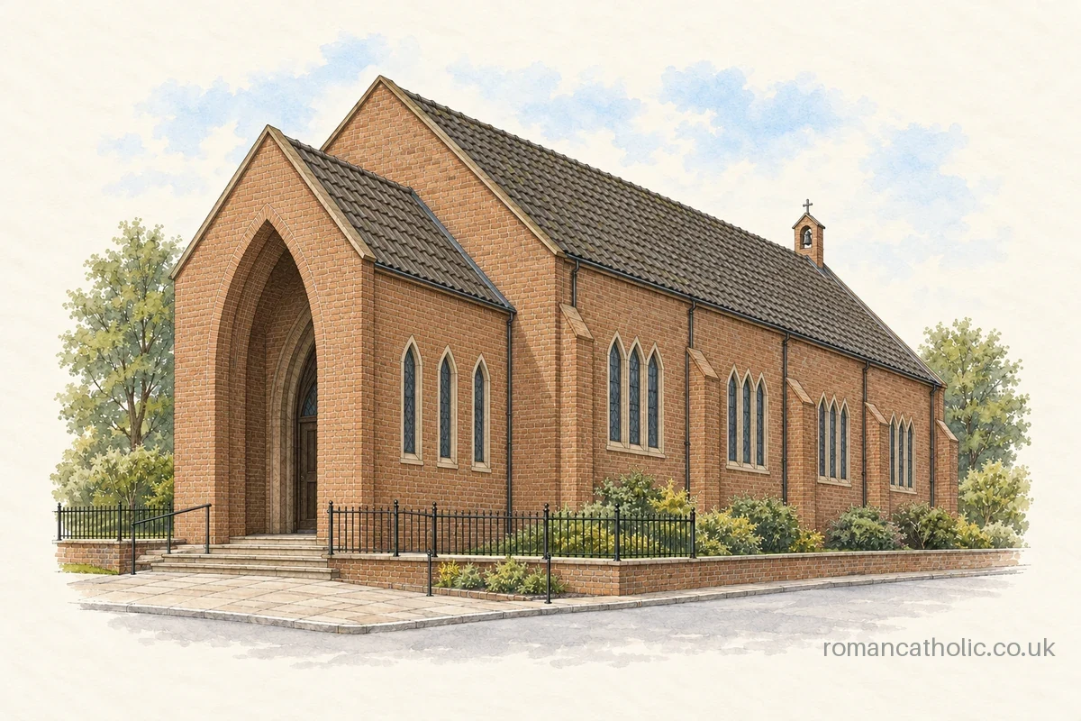 Brown brick church with a deep pointed entrance recess and a small ridge bellcote.