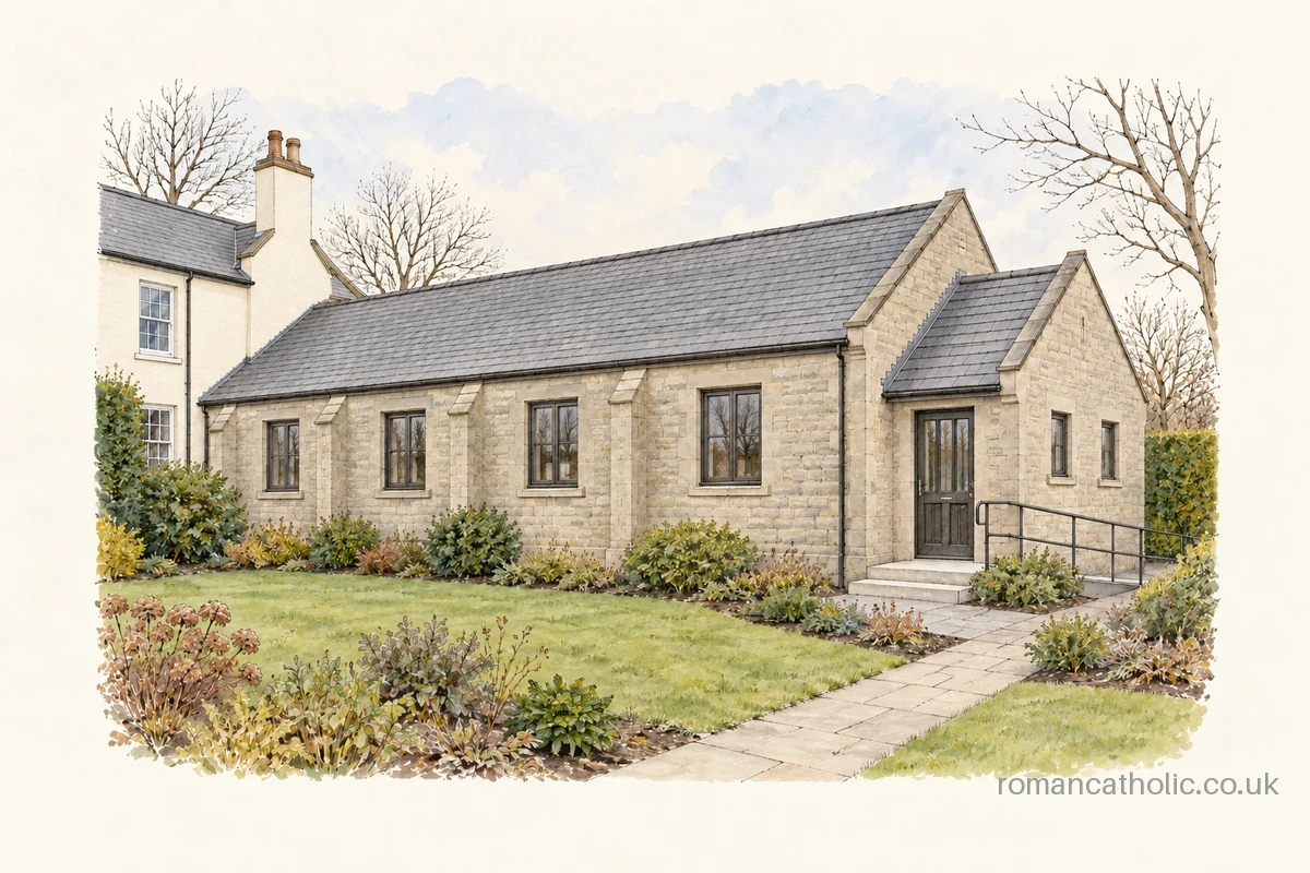 Small stone chapel with rectangular windows and a gabled entrance extension in a garden.