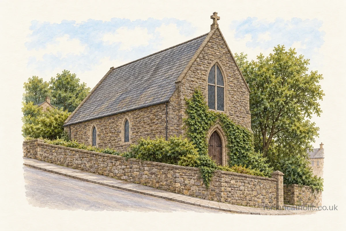 Illustration of St Mary, Abertillery, with a steep slate roof and pointed front window.