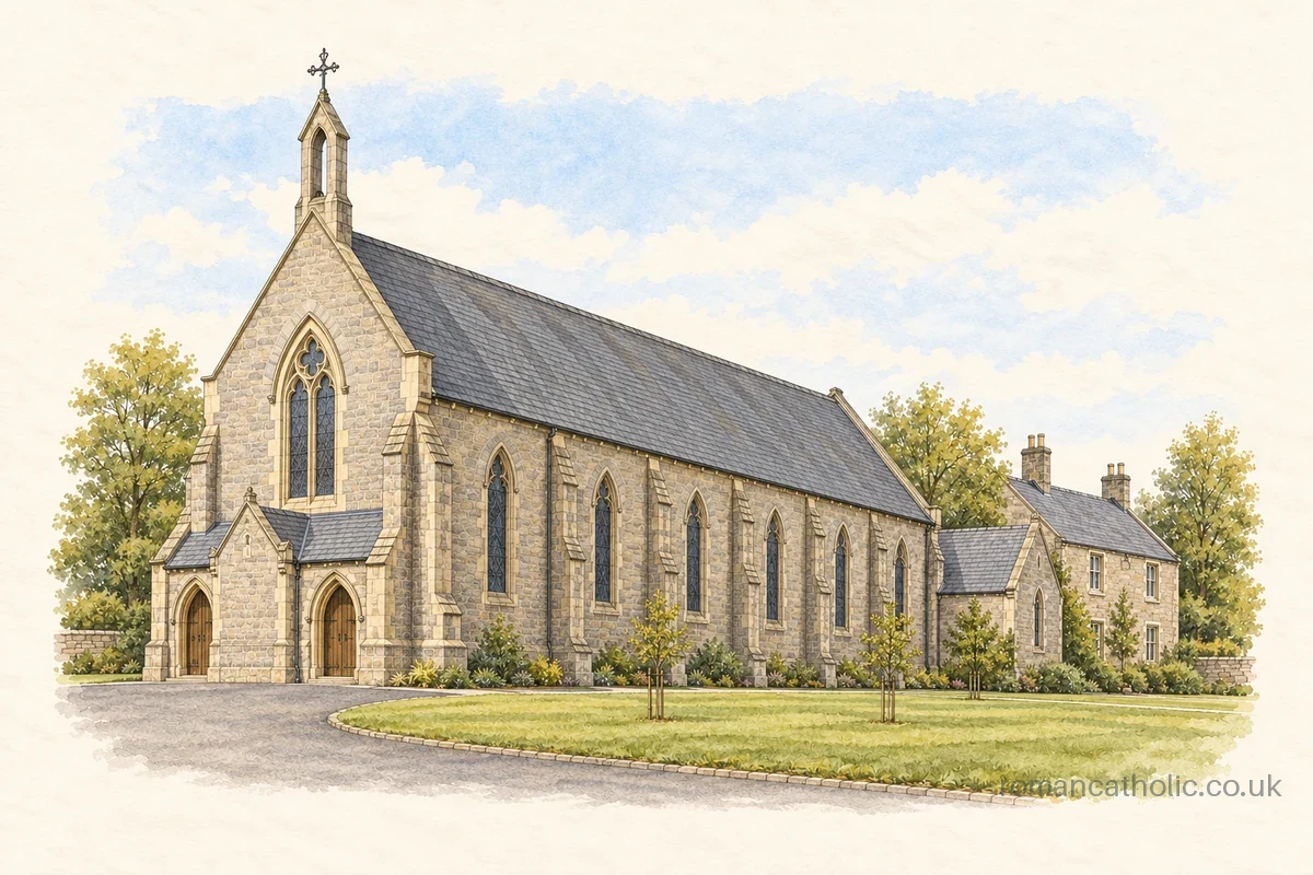 Long stone Gothic church with a narrow bellcote and a row of pointed side windows.