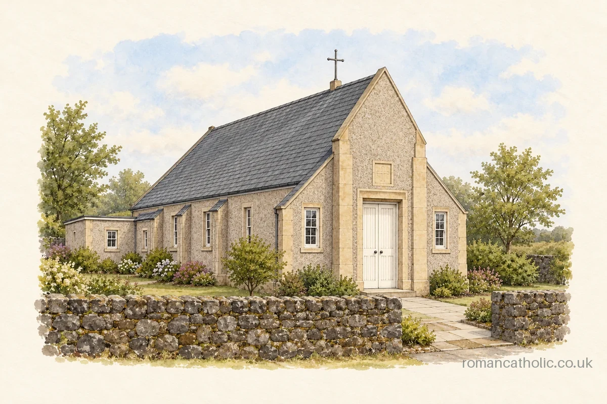 Illustration of St Matthew in Auchtermuchty, with a grey gabled chapel, pale stone entrance surround and slim roof cross.