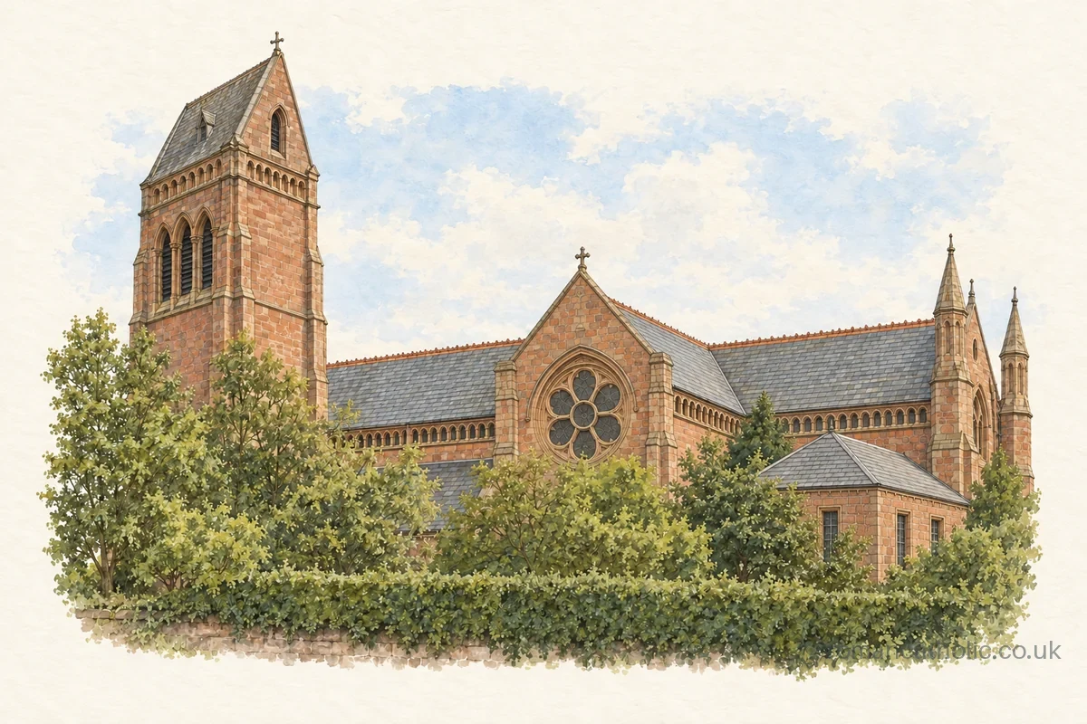 St Michael’s in Widnes with red sandstone walls and steep saddleback tower.