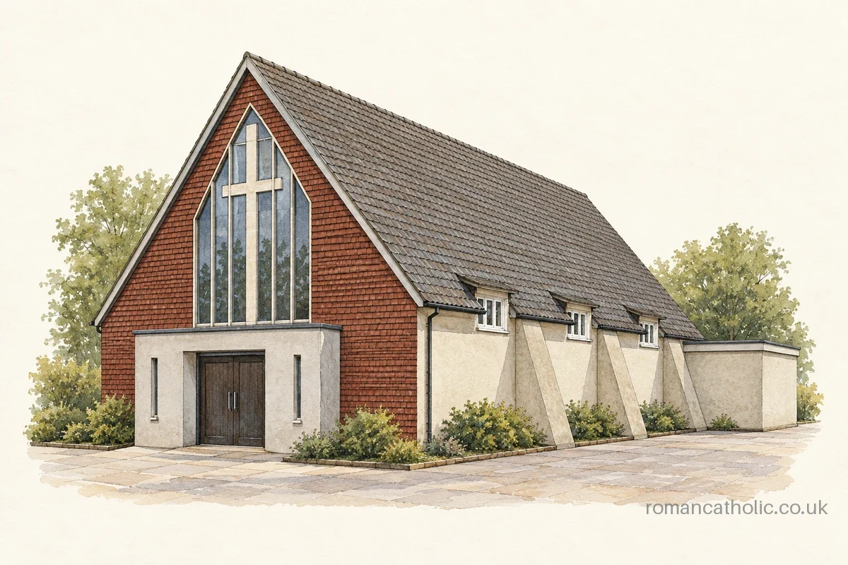 St Monica’s in Modbury with steep gable, triangular glazing and low entrance porch.