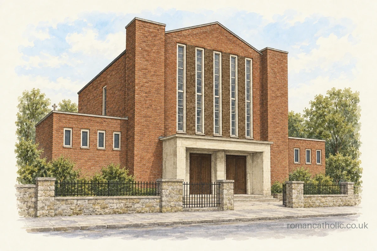 Illustration of St Mungos Catholic Church in Alloa, with a tall brick facade and a group of slender vertical windows.