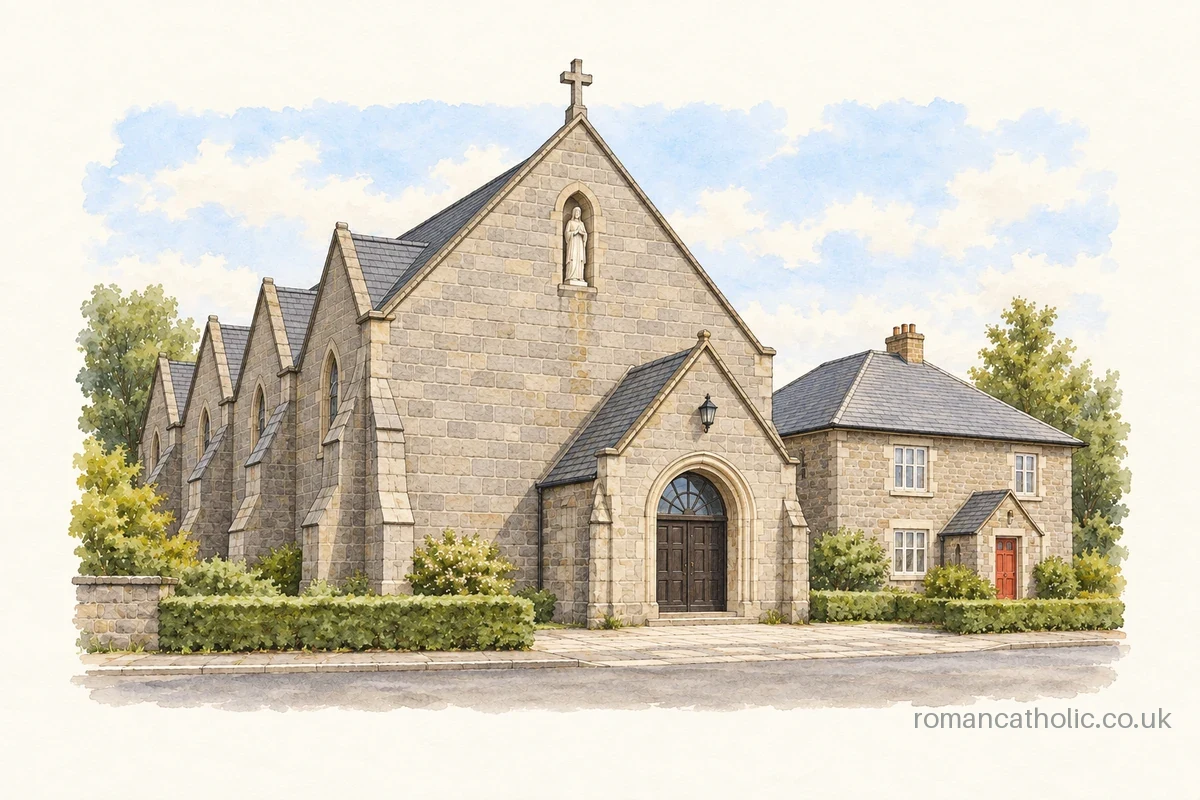 Illustration of Saint Ninian in Bowhill, with a broad stone gable, roof cross and a statue niche above the porch.